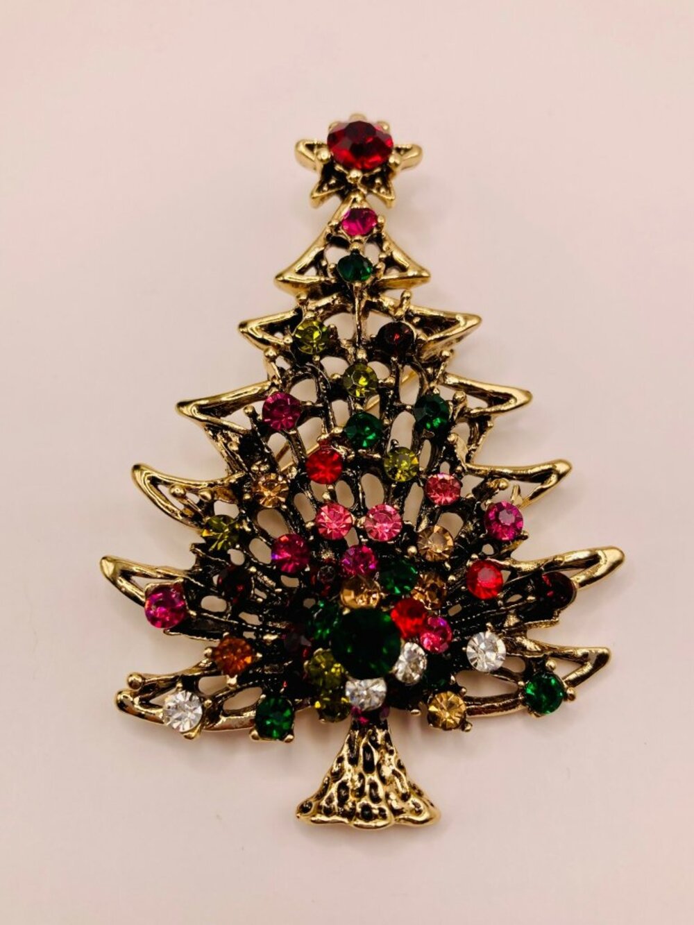Gold-Tone Christmas Tree Brooch Multicolor Rhinestones & Star Accent -89B